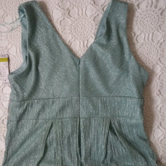 New R&M Richards Maxi Dress Fit Flare Aqua Blue Glitter Empire Waist 14 P Women - Picture 6 of 8